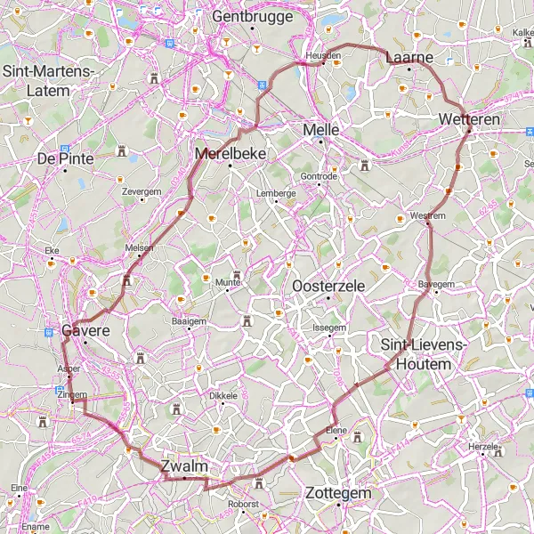 Miniature de la carte de l'inspiration cycliste "Randonnée en gravel: Schelderode - Velzeke-Ruddershove" dans la Prov. Oost-Vlaanderen, Belgium. Générée par le planificateur d'itinéraire cycliste Tarmacs.app