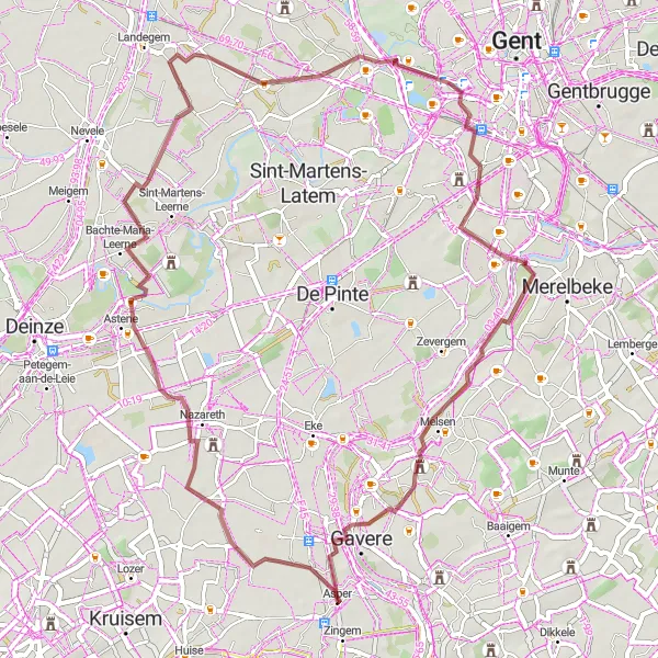 Miniatuurkaart van de fietsinspiratie "Gravelroute vanuit Asper" in Prov. Oost-Vlaanderen, Belgium. Gemaakt door de Tarmacs.app fietsrouteplanner