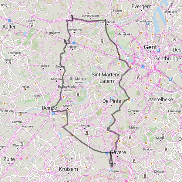 Miniatuurkaart van de fietsinspiratie "Pittoreske fietsroute rond Asper" in Prov. Oost-Vlaanderen, Belgium. Gemaakt door de Tarmacs.app fietsrouteplanner