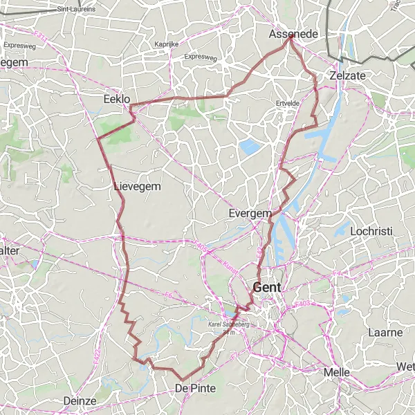 Miniatuurkaart van de fietsinspiratie "Gravelroute naar Langerbrugge en Oosteeklo" in Prov. Oost-Vlaanderen, Belgium. Gemaakt door de Tarmacs.app fietsrouteplanner