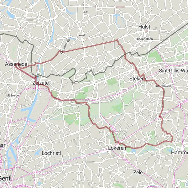 Miniatuurkaart van de fietsinspiratie "Gravelroute naar Waasmunster en Daknam" in Prov. Oost-Vlaanderen, Belgium. Gemaakt door de Tarmacs.app fietsrouteplanner