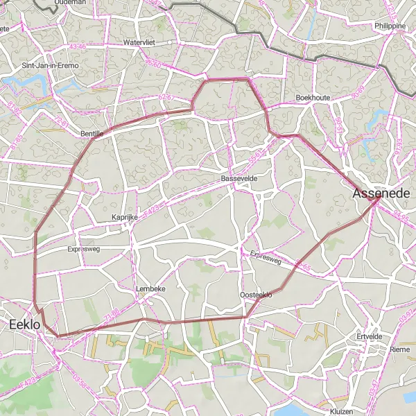 Miniature de la carte de l'inspiration cycliste "Randonnée en gravier à Oosteeklo" dans la Prov. Oost-Vlaanderen, Belgium. Générée par le planificateur d'itinéraire cycliste Tarmacs.app