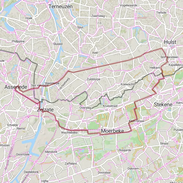 Map miniature of "Assenede to Zelzate Gravel Adventure" cycling inspiration in Prov. Oost-Vlaanderen, Belgium. Generated by Tarmacs.app cycling route planner