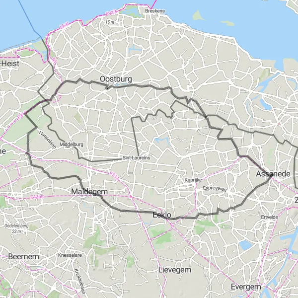 Karten-Miniaturansicht der Radinspiration "Straßenrundfahrt um Assenede" in Prov. Oost-Vlaanderen, Belgium. Erstellt vom Tarmacs.app-Routenplaner für Radtouren