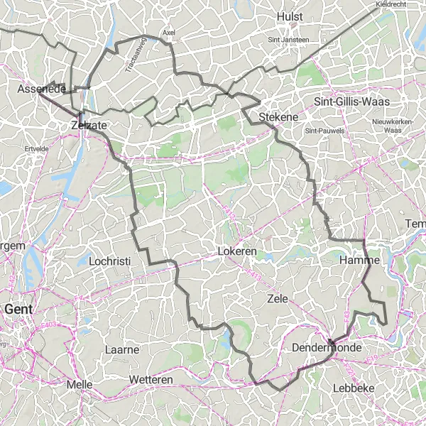 Miniature de la carte de l'inspiration cycliste "Parcours des châteaux de l'Est-flamand" dans la Prov. Oost-Vlaanderen, Belgium. Générée par le planificateur d'itinéraire cycliste Tarmacs.app