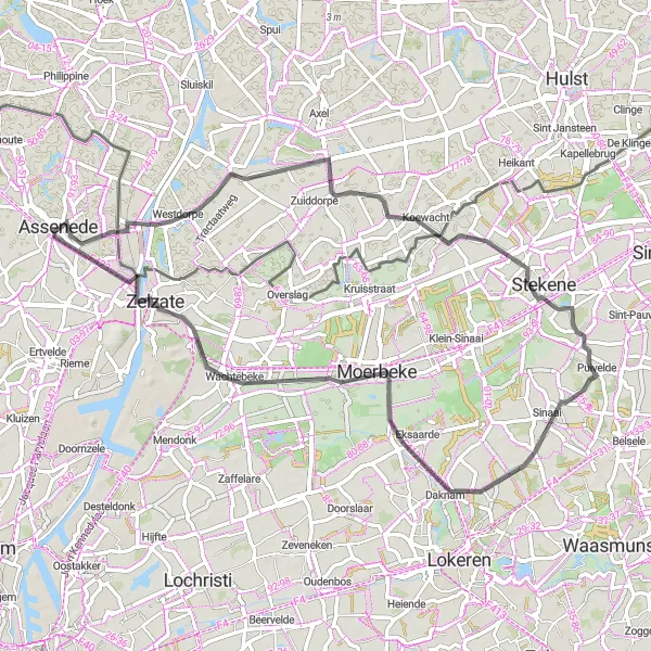 Karten-Miniaturansicht der Radinspiration "Rundfahrt durch die Region um Assenede" in Prov. Oost-Vlaanderen, Belgium. Erstellt vom Tarmacs.app-Routenplaner für Radtouren