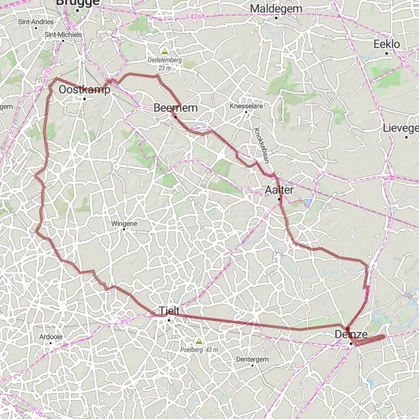 Map miniature of "Astene - Deinze - Tielt - Zwevezele - Loppem - Beernem - Aalter - Meigem" cycling inspiration in Prov. Oost-Vlaanderen, Belgium. Generated by Tarmacs.app cycling route planner