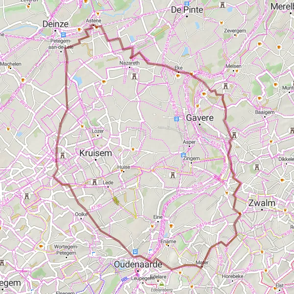 Miniatuurkaart van de fietsinspiratie "Gravelroute vanuit Astene" in Prov. Oost-Vlaanderen, Belgium. Gemaakt door de Tarmacs.app fietsrouteplanner