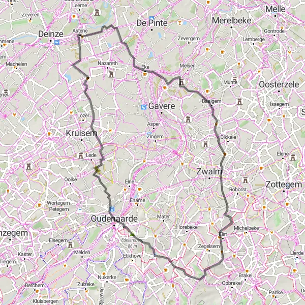 Map miniature of "Astene - Eke - Munkzwalm - Rekelberg - Maarke - Edelareberg - Huise - Astene" cycling inspiration in Prov. Oost-Vlaanderen, Belgium. Generated by Tarmacs.app cycling route planner