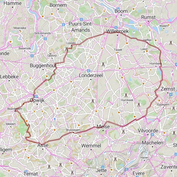 Map miniature of "Baardegem Gravel Adventure" cycling inspiration in Prov. Oost-Vlaanderen, Belgium. Generated by Tarmacs.app cycling route planner
