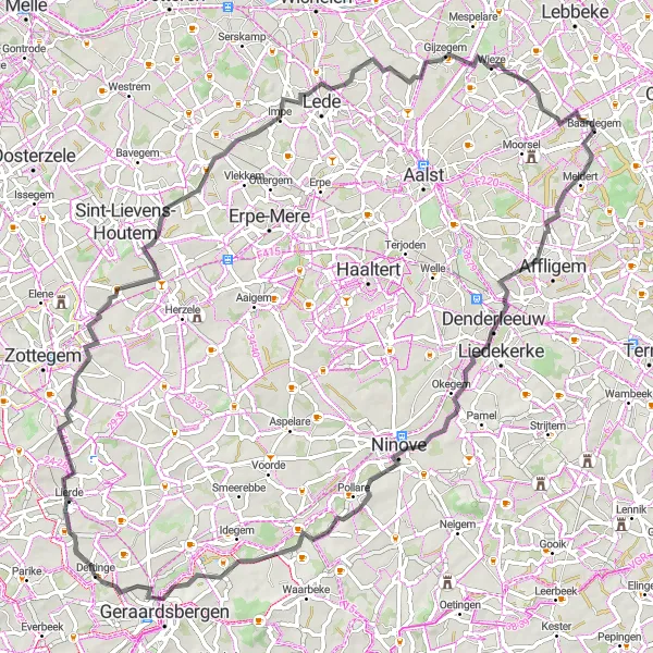 Map miniature of "Denderleeuw - Gijzegem Loop" cycling inspiration in Prov. Oost-Vlaanderen, Belgium. Generated by Tarmacs.app cycling route planner