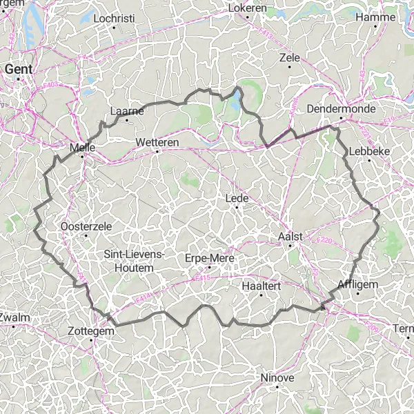 Map miniature of "Baardegem to Affligem Loop" cycling inspiration in Prov. Oost-Vlaanderen, Belgium. Generated by Tarmacs.app cycling route planner