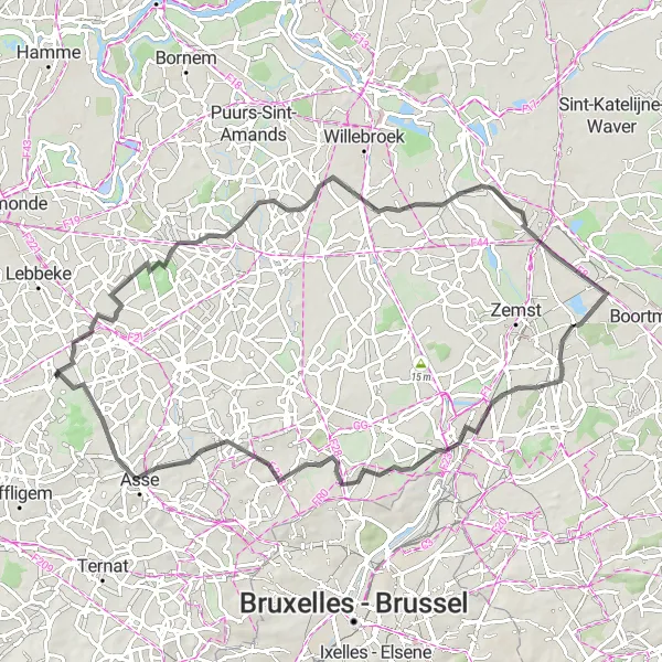 Map miniature of "Opstal - Wemmel Circuit" cycling inspiration in Prov. Oost-Vlaanderen, Belgium. Generated by Tarmacs.app cycling route planner
