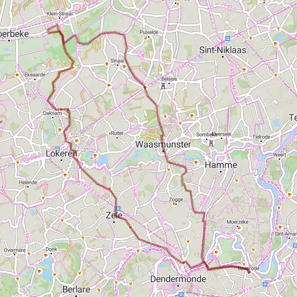 Miniatuurkaart van de fietsinspiratie "Gravelroute naar Zele, Molenstenen en Waasmunster" in Prov. Oost-Vlaanderen, Belgium. Gemaakt door de Tarmacs.app fietsrouteplanner