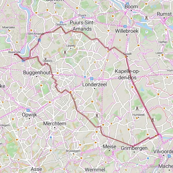 Map miniature of "Oppuurs - Verbrande Brug - Rossem - Briel" cycling inspiration in Prov. Oost-Vlaanderen, Belgium. Generated by Tarmacs.app cycling route planner
