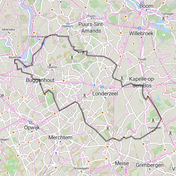 Miniatuurkaart van de fietsinspiratie "Fietsroute door Lippelo, Humbeek en Buggenhout" in Prov. Oost-Vlaanderen, Belgium. Gemaakt door de Tarmacs.app fietsrouteplanner
