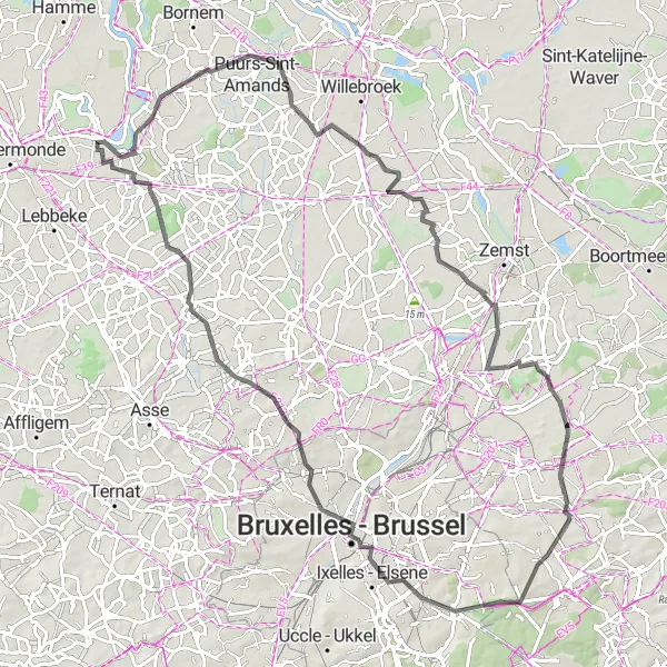 Miniature de la carte de l'inspiration cycliste "De Kalfort à Baasrode" dans la Prov. Oost-Vlaanderen, Belgium. Générée par le planificateur d'itinéraire cycliste Tarmacs.app