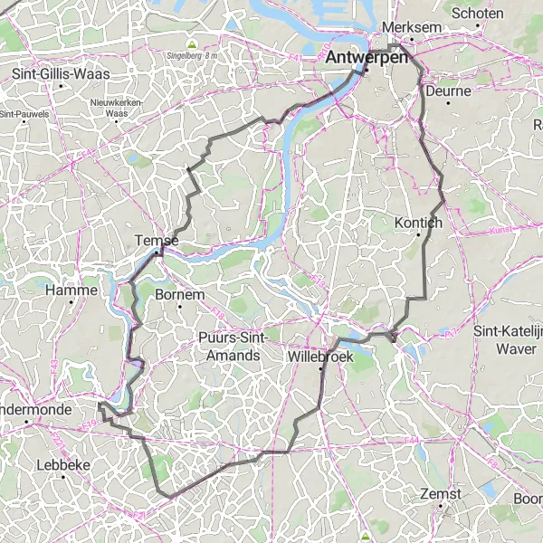 Map miniature of "Sint-Amands - Skyline - Het Steen - Vogelkijkhut De Aalscholver - Buggenhout" cycling inspiration in Prov. Oost-Vlaanderen, Belgium. Generated by Tarmacs.app cycling route planner
