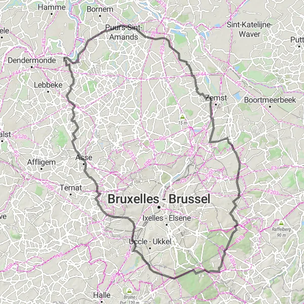 Miniatuurkaart van de fietsinspiratie "Kasteelroute langs Drogenbos" in Prov. Oost-Vlaanderen, Belgium. Gemaakt door de Tarmacs.app fietsrouteplanner