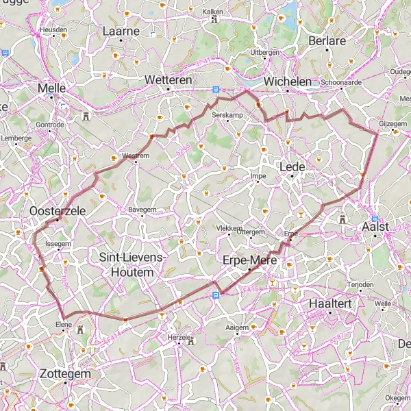 Miniatuurkaart van de fietsinspiratie "Gravelroute langs Massemen, Bruinbeke en Erpe" in Prov. Oost-Vlaanderen, Belgium. Gemaakt door de Tarmacs.app fietsrouteplanner