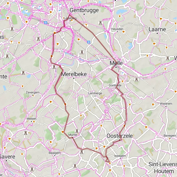 Miniatuurkaart van de fietsinspiratie "Gravelroute door Oosterzele en Melle vanaf Balegem" in Prov. Oost-Vlaanderen, Belgium. Gemaakt door de Tarmacs.app fietsrouteplanner