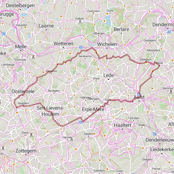 Miniature de la carte de l'inspiration cycliste "Gravel Adventure around Aalst" dans la Prov. Oost-Vlaanderen, Belgium. Générée par le planificateur d'itinéraire cycliste Tarmacs.app
