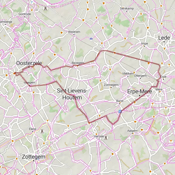 Map miniature of "Scheldewindeke, Bavegem, Erpe, Sint-Lievens-Houtem Gravel Ride" cycling inspiration in Prov. Oost-Vlaanderen, Belgium. Generated by Tarmacs.app cycling route planner