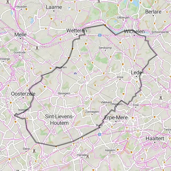 Map miniature of "Massemen, Schellebelle, America, Balegem Road Ride" cycling inspiration in Prov. Oost-Vlaanderen, Belgium. Generated by Tarmacs.app cycling route planner