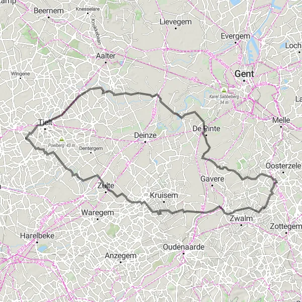 Miniatuurkaart van de fietsinspiratie "Rit van Balegem naar Eke via Tielt en Sint-Martens-Leerne" in Prov. Oost-Vlaanderen, Belgium. Gemaakt door de Tarmacs.app fietsrouteplanner
