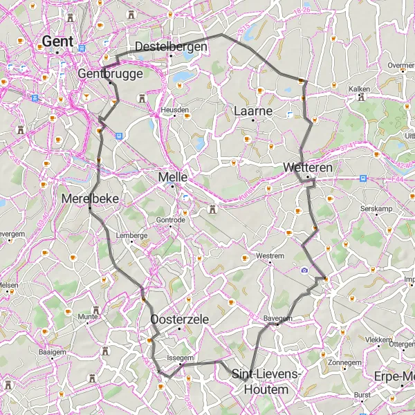 Miniature de la carte de l'inspiration cycliste "Merelbeke Countryside Escape" dans la Prov. Oost-Vlaanderen, Belgium. Générée par le planificateur d'itinéraire cycliste Tarmacs.app