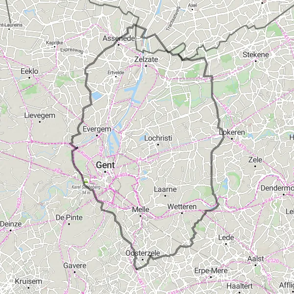 Miniature de la carte de l'inspiration cycliste "Historic Villages and Coastal Views" dans la Prov. Oost-Vlaanderen, Belgium. Générée par le planificateur d'itinéraire cycliste Tarmacs.app
