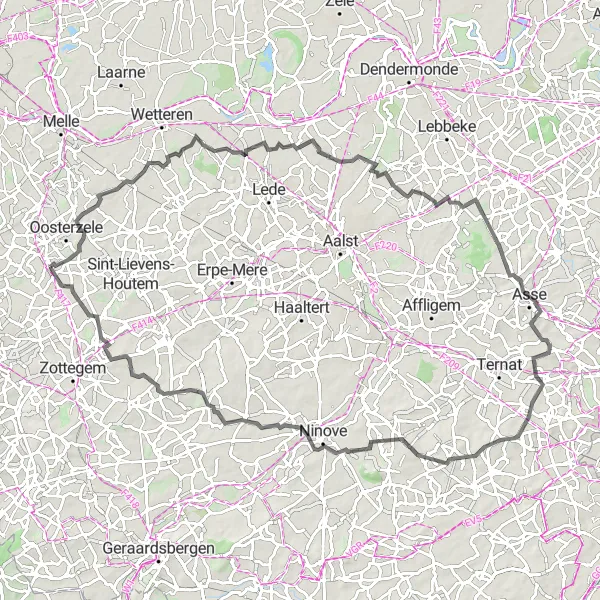 Karten-Miniaturansicht der Radinspiration "Road-Tour durch Gijzegem und Aspelare" in Prov. Oost-Vlaanderen, Belgium. Erstellt vom Tarmacs.app-Routenplaner für Radtouren