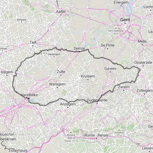 Map miniature of "Scenic road cycling route through Oost-Vlaanderen" cycling inspiration in Prov. Oost-Vlaanderen, Belgium. Generated by Tarmacs.app cycling route planner