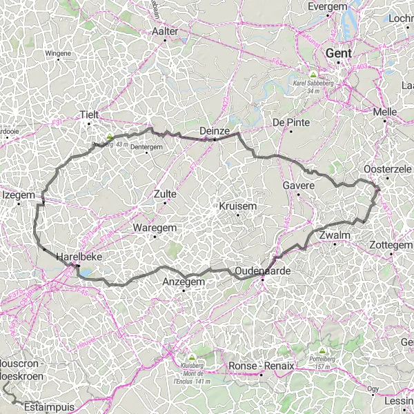 Miniatuurkaart van de fietsinspiratie "Balegem - Nazareth - Poelberg - Balegem" in Prov. Oost-Vlaanderen, Belgium. Gemaakt door de Tarmacs.app fietsrouteplanner