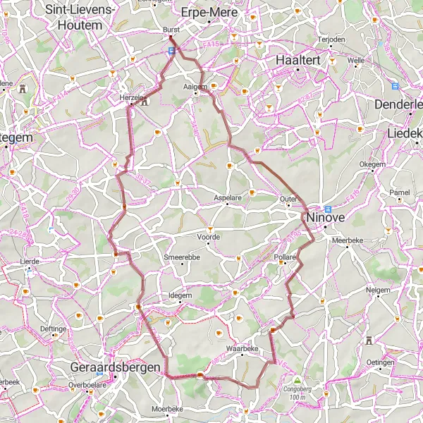 Miniature de la carte de l'inspiration cycliste "Exploration en gravel d'Heldergem à Burst" dans la Prov. Oost-Vlaanderen, Belgium. Générée par le planificateur d'itinéraire cycliste Tarmacs.app