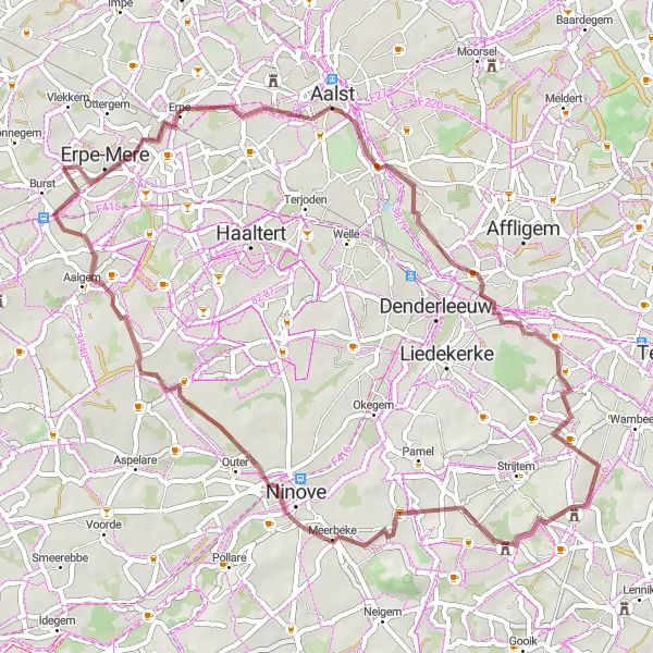 Miniatuurkaart van de fietsinspiratie "Erembodegem - Heldergem Gravel Cycling Tour" in Prov. Oost-Vlaanderen, Belgium. Gemaakt door de Tarmacs.app fietsrouteplanner