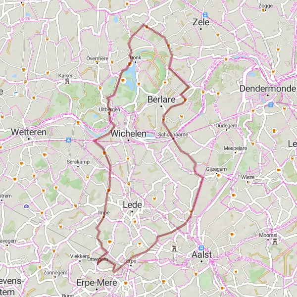 Miniatuurkaart van de fietsinspiratie "Gravelroute vanuit Bambrugge naar Erpe" in Prov. Oost-Vlaanderen, Belgium. Gemaakt door de Tarmacs.app fietsrouteplanner
