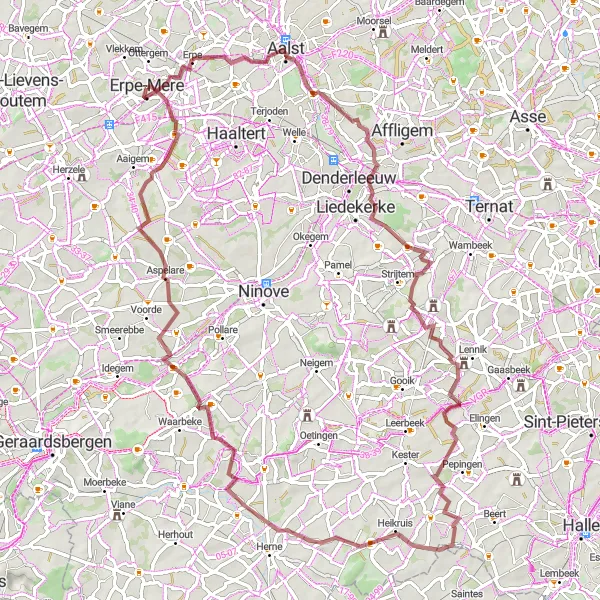 Miniature de la carte de l'inspiration cycliste "Les Collines de Teralfene" dans la Prov. Oost-Vlaanderen, Belgium. Générée par le planificateur d'itinéraire cycliste Tarmacs.app
