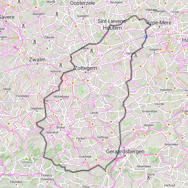 Miniature de la carte de l'inspiration cycliste "Les Vallées de Velzeke-Ruddershove" dans la Prov. Oost-Vlaanderen, Belgium. Générée par le planificateur d'itinéraire cycliste Tarmacs.app