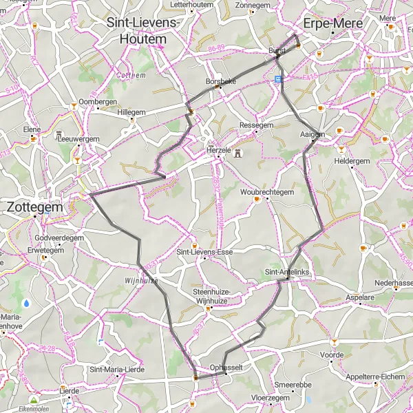 Miniature de la carte de l'inspiration cycliste "Route de Bambrugge à Borsbeke" dans la Prov. Oost-Vlaanderen, Belgium. Générée par le planificateur d'itinéraire cycliste Tarmacs.app