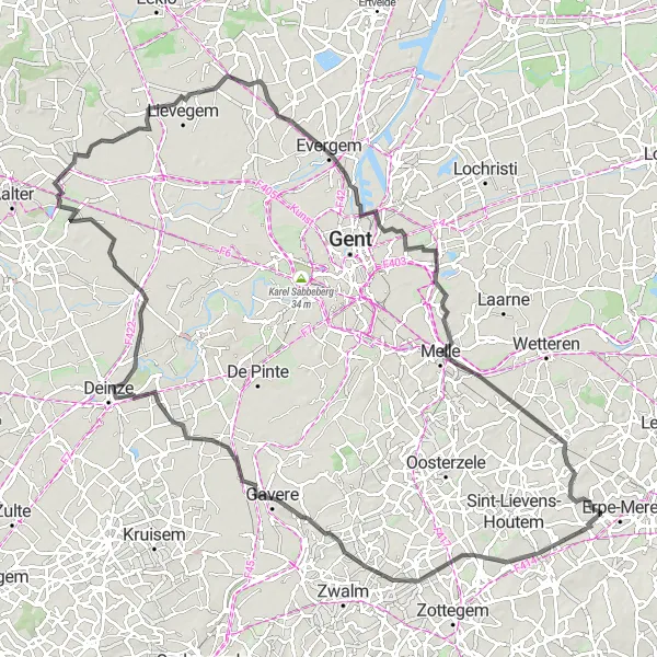 Karten-Miniaturansicht der Radinspiration "Rundfahrt ab Bambrugge - 107 km" in Prov. Oost-Vlaanderen, Belgium. Erstellt vom Tarmacs.app-Routenplaner für Radtouren