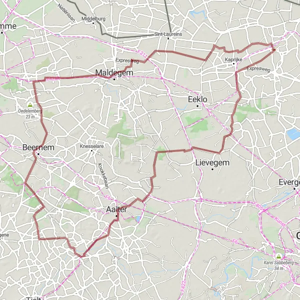 Map miniature of "Gravel Route 1" cycling inspiration in Prov. Oost-Vlaanderen, Belgium. Generated by Tarmacs.app cycling route planner