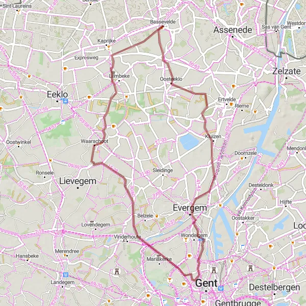 Miniatuurkaart van de fietsinspiratie "Gravelroute van Bassevelde naar Kasteel Van Tieghem de ten Berghe" in Prov. Oost-Vlaanderen, Belgium. Gemaakt door de Tarmacs.app fietsrouteplanner