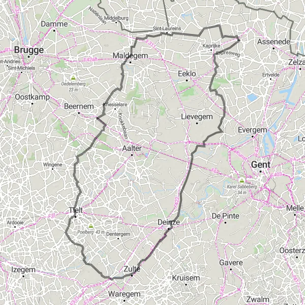 Map miniature of "Lembeke Tielt Loop" cycling inspiration in Prov. Oost-Vlaanderen, Belgium. Generated by Tarmacs.app cycling route planner