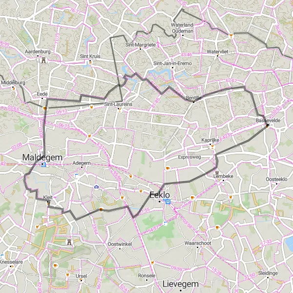 Karten-Miniaturansicht der Radinspiration "Rund um Bassevelde" in Prov. Oost-Vlaanderen, Belgium. Erstellt vom Tarmacs.app-Routenplaner für Radtouren