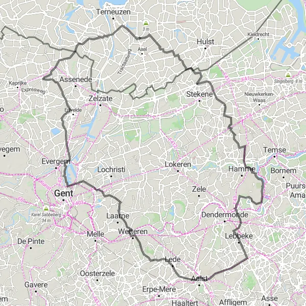 Map miniature of "Scenic Ride through Flanders" cycling inspiration in Prov. Oost-Vlaanderen, Belgium. Generated by Tarmacs.app cycling route planner