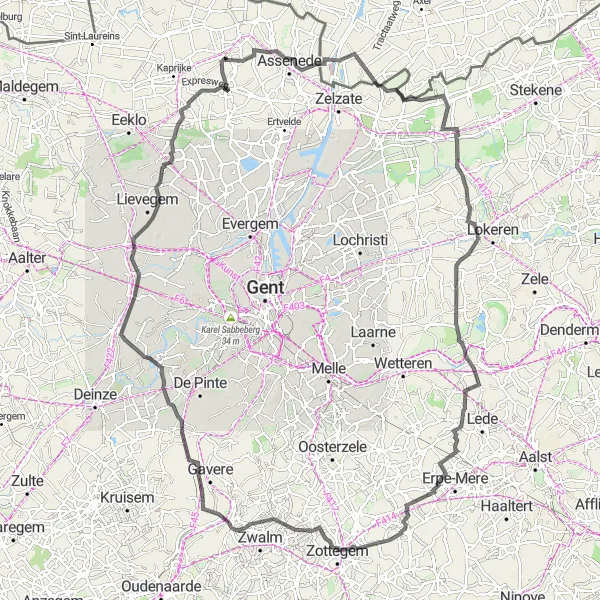 Miniatuurkaart van de fietsinspiratie "Wegroute van Bassevelde naar Waarschoot" in Prov. Oost-Vlaanderen, Belgium. Gemaakt door de Tarmacs.app fietsrouteplanner