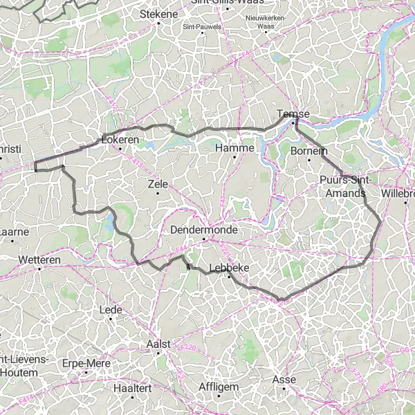 Map miniature of "Exploring the Countryside of Oost-Vlaanderen" cycling inspiration in Prov. Oost-Vlaanderen, Belgium. Generated by Tarmacs.app cycling route planner