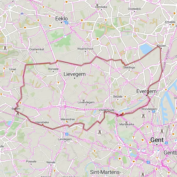 Miniatuurkaart van de fietsinspiratie "Bellem Gravelroute" in Prov. Oost-Vlaanderen, Belgium. Gemaakt door de Tarmacs.app fietsrouteplanner