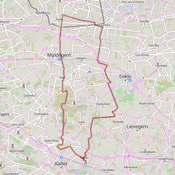 Miniatuurkaart van de fietsinspiratie "Gravelrit door het Maldegemveld en Balgerhoeke" in Prov. Oost-Vlaanderen, Belgium. Gemaakt door de Tarmacs.app fietsrouteplanner